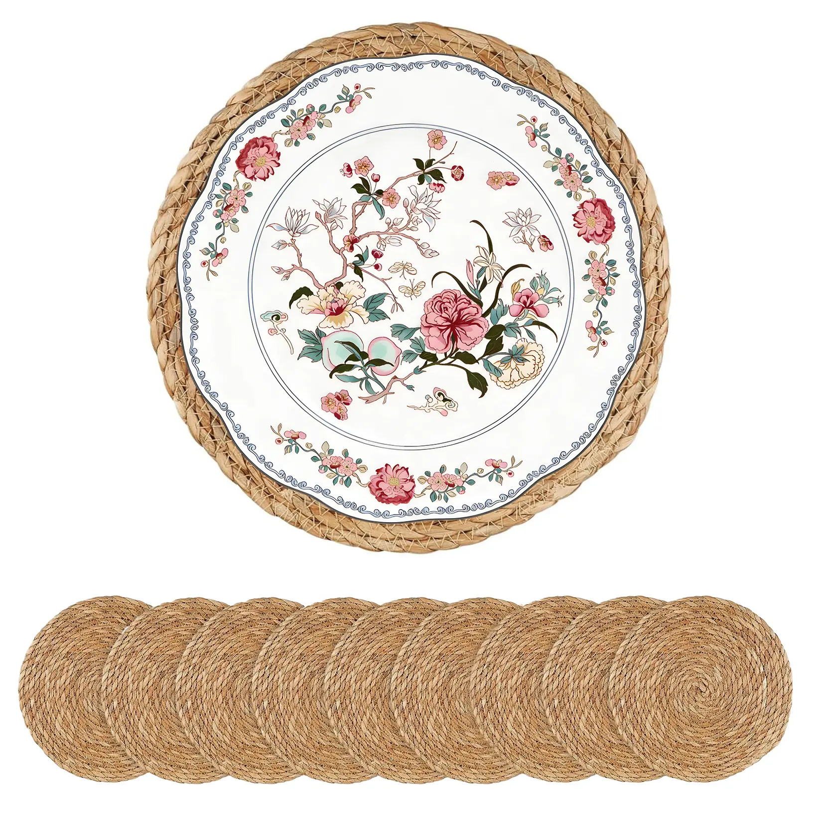 Boho Farmhouse Rattan Placemats Set of 10 – 12 Inch Round Heat Resistant Braided Wicker Table Mats – Natural Eco-Friendly Table Decor for Kitchen, Patio, Wedding, Outdoor – Home Basic