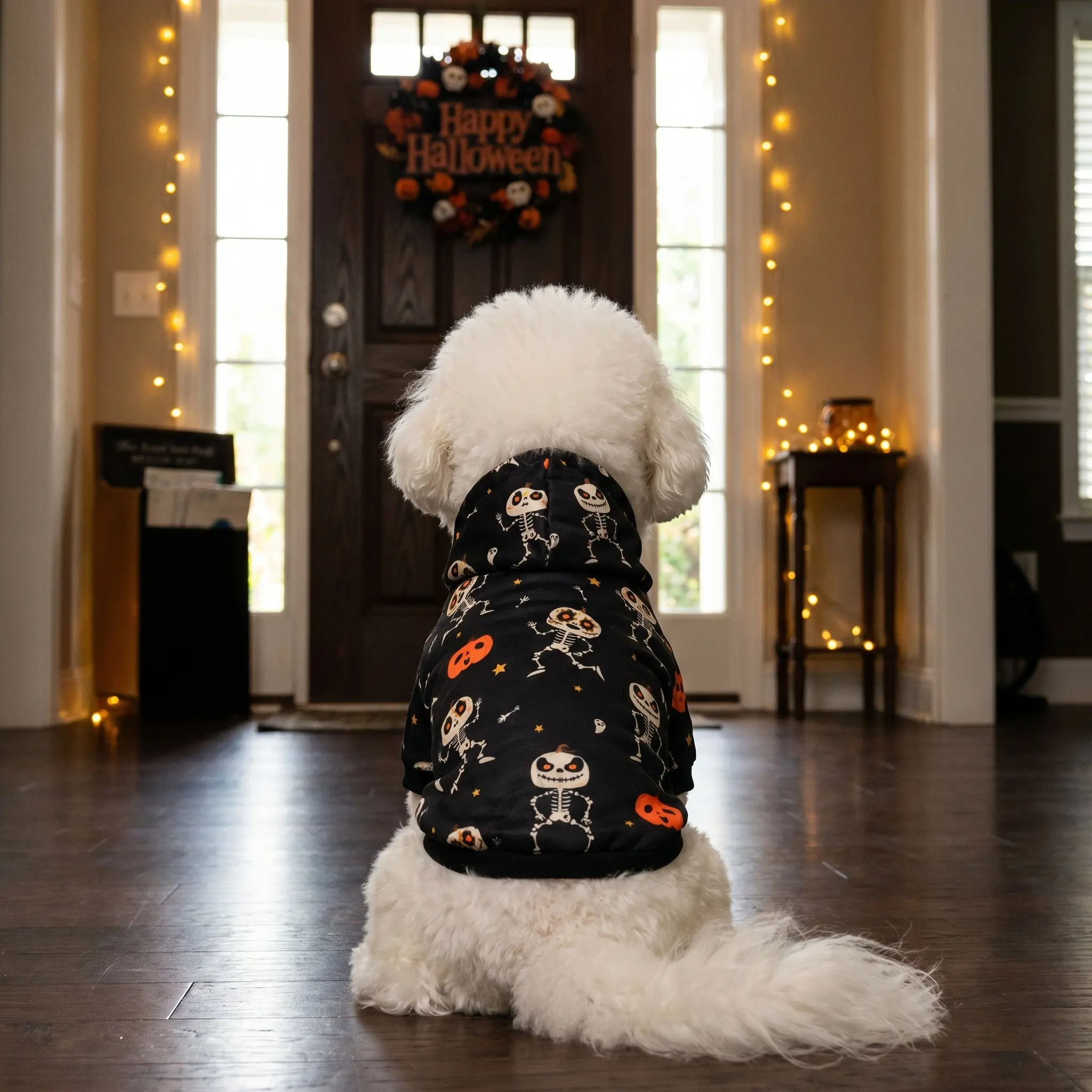 Black Halloween Dog Hoodie All Over Dancing Skeleton Skull Pumpkin Ghost Star Print Pet Hooded Sweatshirt Soft Puppy Hooded Pullover Halloween Party Cosplay Costume Spooky Pet Clothes For Small Medium Dogs Cats Trick Or Treat Photo Holiday Pet Gift