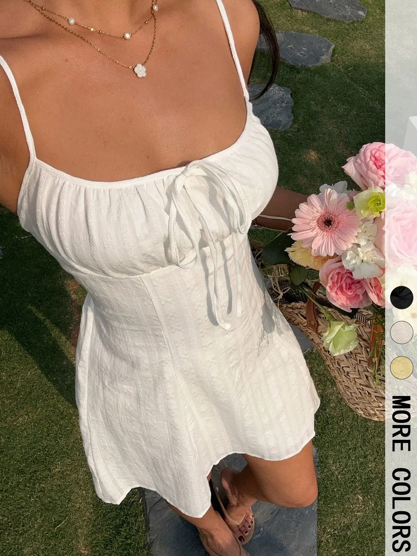 Women's Short Dress Summer with Thin Straps, Spaghetti Strap, and Front Tie, Flared Hem, Fitted Casual Style, Plain Pattern, Raised-Fiber Surface