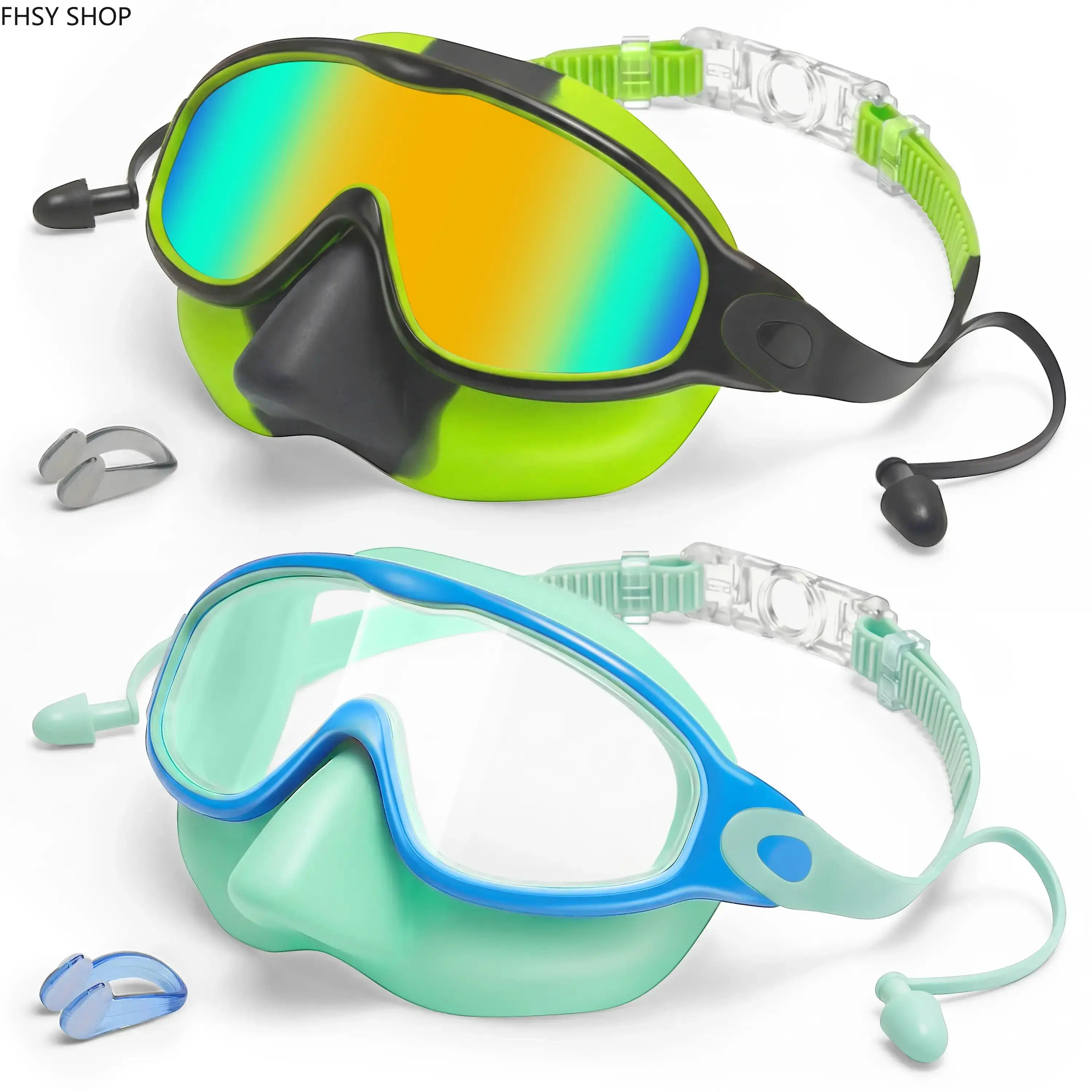 Kids' 2-Pack Swimming Goggles with Nose Cover, Wide-View Anti-Fog No-Leak Diving Mask, Adjustable Strap for 4-14 Years, Ideal for Pool Use