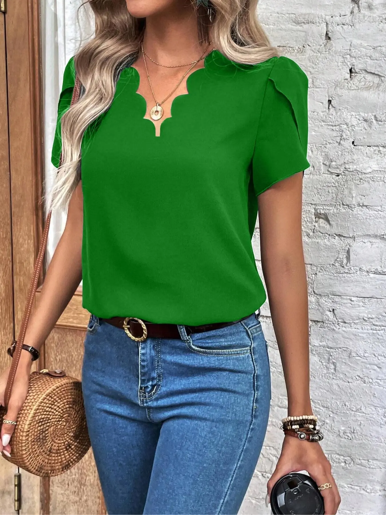 Women's Half Circle Neck Petal Sleeve Short Sleeve Shirt Blouse, Elegant Floral Design, Feminine, Perfect for Casual Wear, Comfortable Fit, Bohemian Blouse, Boho Blouses