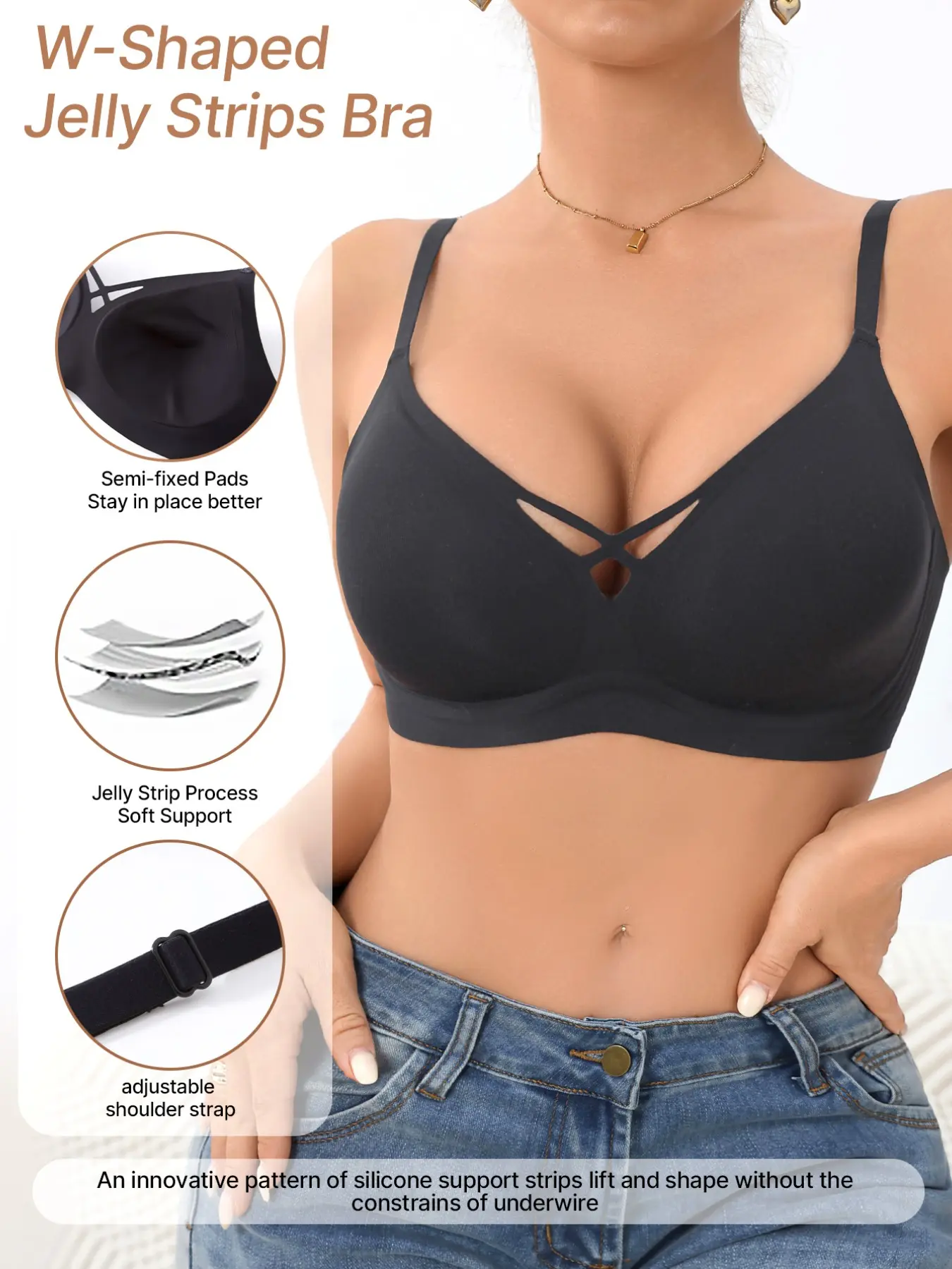 Women's Jelly Strip Wireless Bra, Seamless Push Up Support Bra, No Underwire Comfort Bra, Adjustable Straps, Everyday Lift Bra