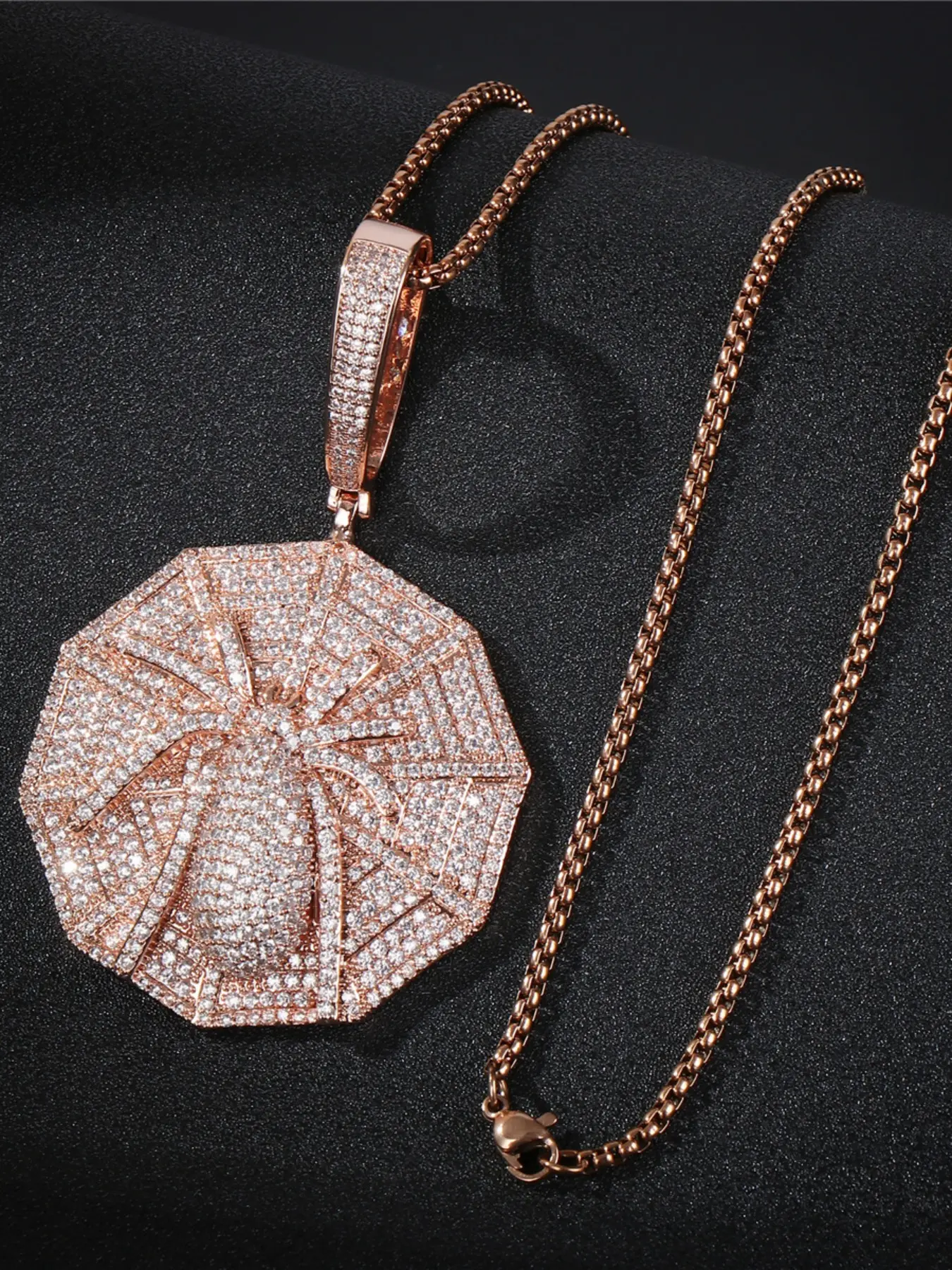 Shimmering Spider Pendant Necklace, Full Cz Rhinestones, 24-Inch Beaded Chain, Neutral Hip-Hop Style Jewelry Gift for Rappers