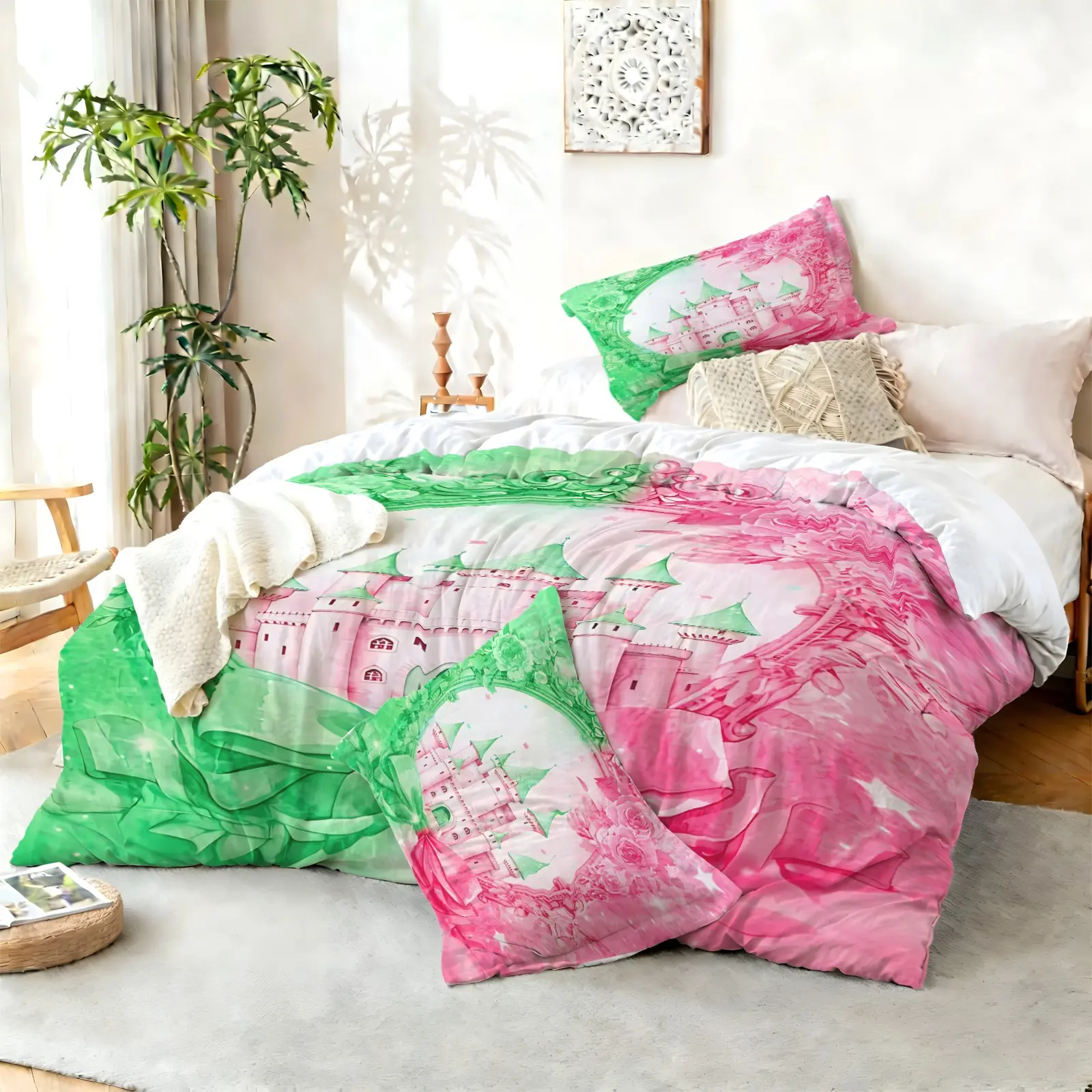 2/3Pcs Watercolor Princess Castle Duvet Cover Set, No Filler Comforter Cover, HD Print Bedding Set, Dreamy Romantic Fairy Tale Atmosphere, For Girls & Princess Lovers, Skin-Friendly, Machine Washable For Bedroom Dorm Decor