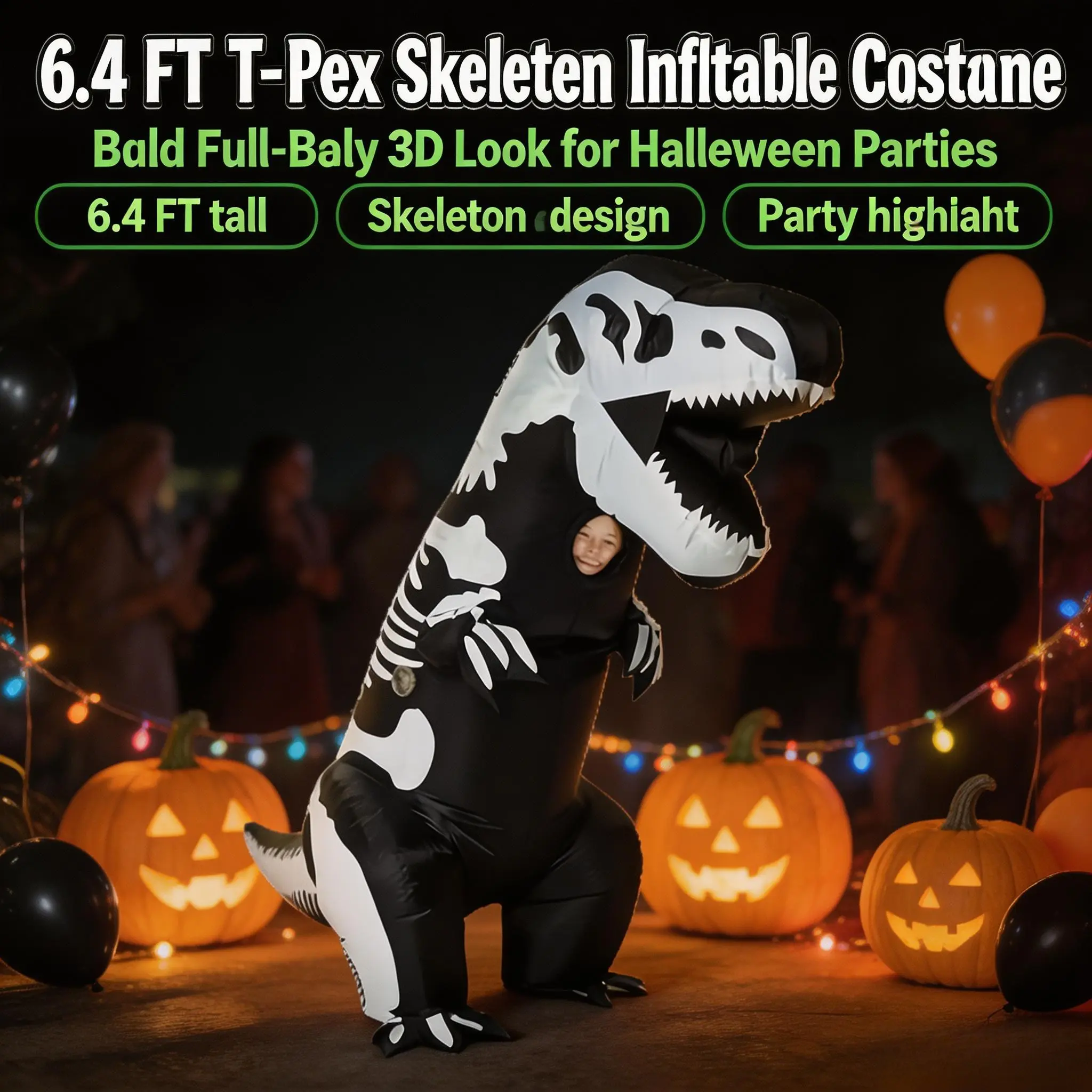 Inflatable T-Rex Dinosaur Costume for Adults, 210T Polyester Blow Up Dino Suit with Waterproof Fan, Halloween Cosplay Fancy Dress for Party Events (Batteries Not Included)