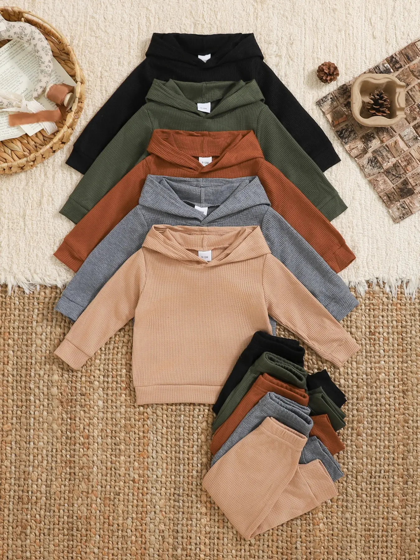Boys' 10-Piece Set, Casual Loose-Fit Waffle Knit Long Sleeve Hoodie & Pants, Soft Comfortable, All Seasons, Tiktok Shop Discount