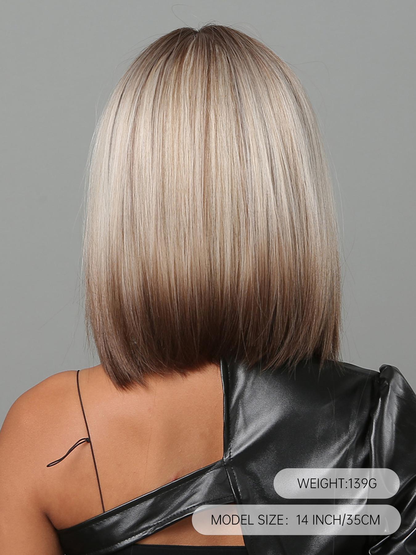1 Piece Two Tone Ombre Synthetic Short Highlight Bob Style Wig with Bangs, Synthetic Fiber Wigs, Fashionable Straight Hair Cut