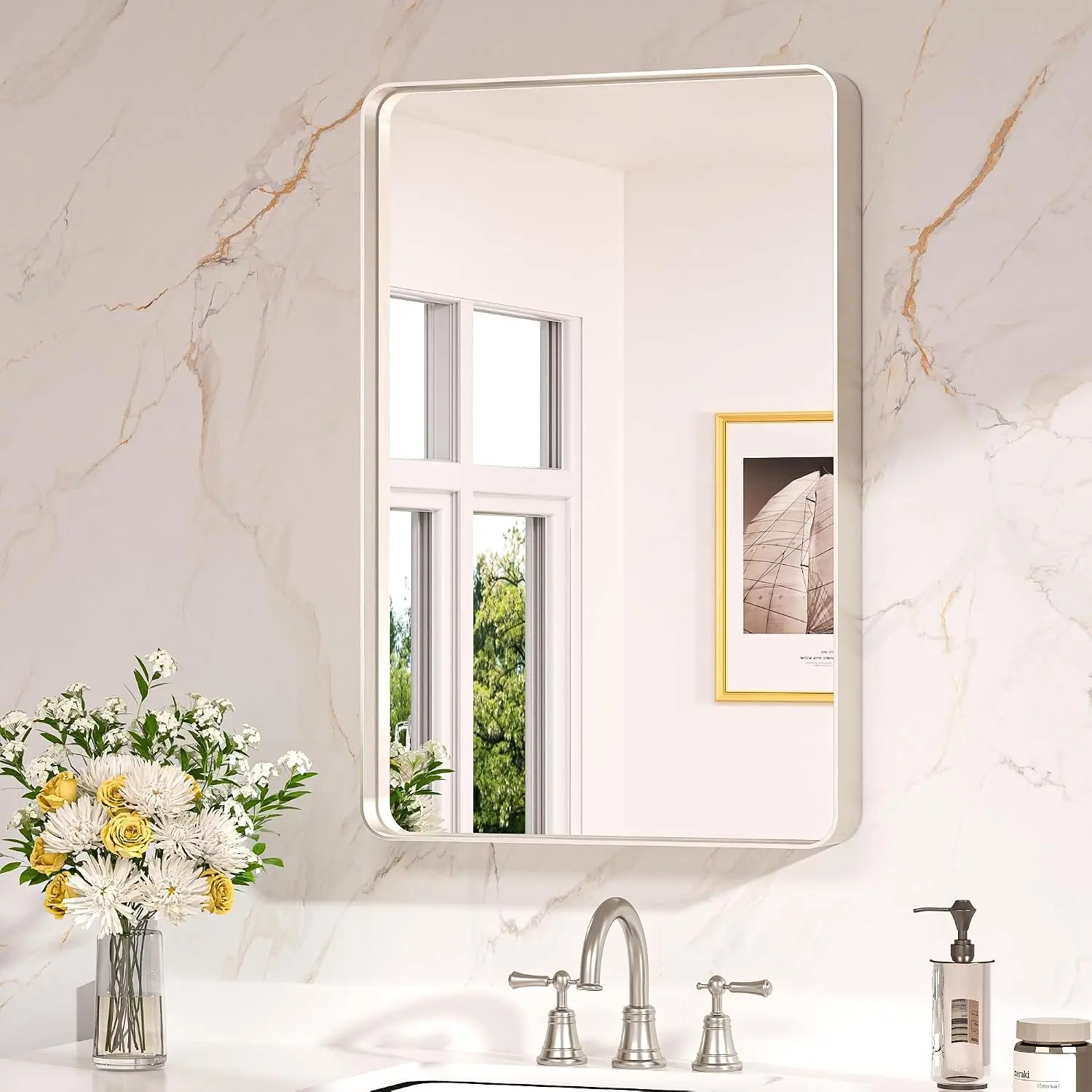 20 x 30 Inch Brushed Nickel Bathroom Mirrors for Over Sink, Rounded Rectangle Silver Bathroom Vanity Mirror, Farmhouse Mirror for Wall, HD Tempered Glass, Anti-Rust Aluminum Alloy Mirror