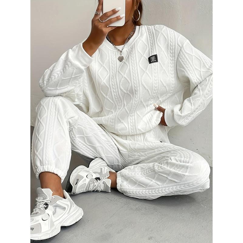 2025Women's Cozy Textured Pants Set - Soft Long Sleeve Crew Neck Sweatshirt, Comfortable Jogger Sweatpants Outfit, Casual Wear Daily Life, Suits Chic Womenswear Clothes Polyester2025
