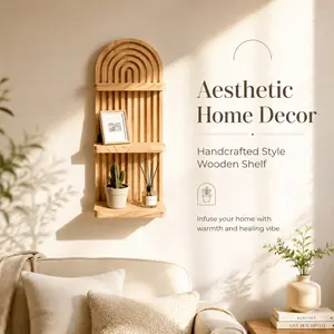 Handcrafted Arched Rainbow Slatted Floating Solid Wood Wall Shelf Two-Tier Wall Mount Display Rack Natural Timber Boho Wabi Sabi Wall Decor For Living Room Bedroom Nursery Entryway Cafe