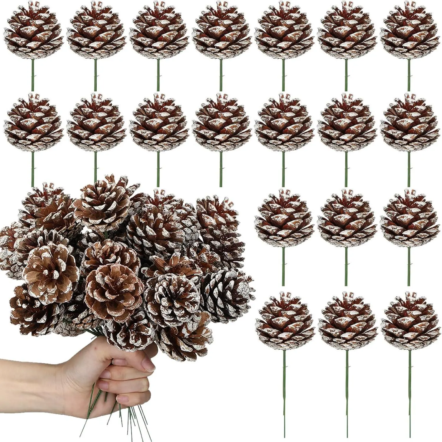 60 count Pine Cones for Christmas Tree 1.38 x 5.1 Inch Frosted Snow Pine Cones Ornaments with Wired Pick for Crafts Holiday Wreath Garland Party Decorations