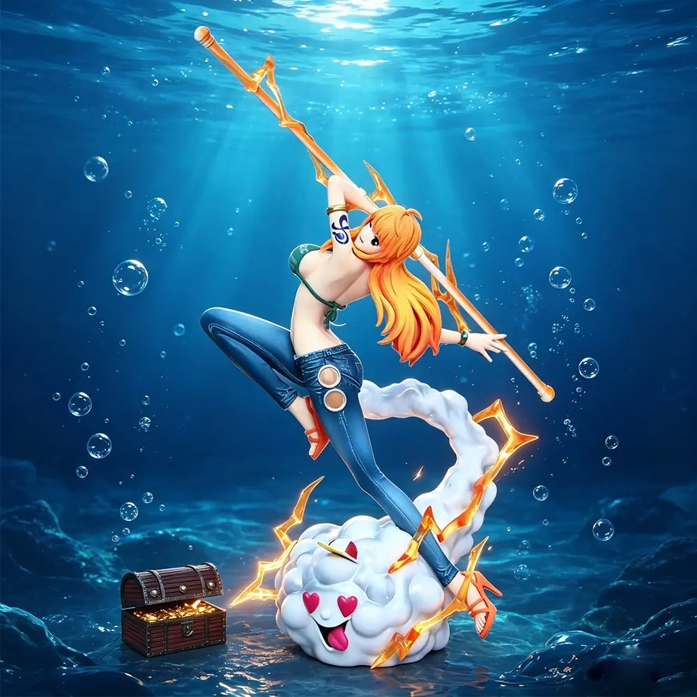 One Piece Nami Collectible, Nami & Zeus Action Figure，Clima-Tact Battle Pose with Zeus Special Effects， Nami Clima-Tact Form Statue, 2 Styles with Zeus and Treasure Chest，Clima-Tact Battle Pose