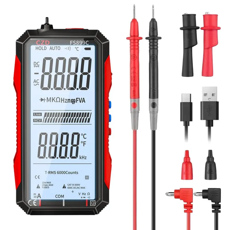 CZDANG 899C Multimeter Kit with Storage Bag and Test Clips, Smart Digital Full Screen, Auto Range, Non-Contact Voltage Detection