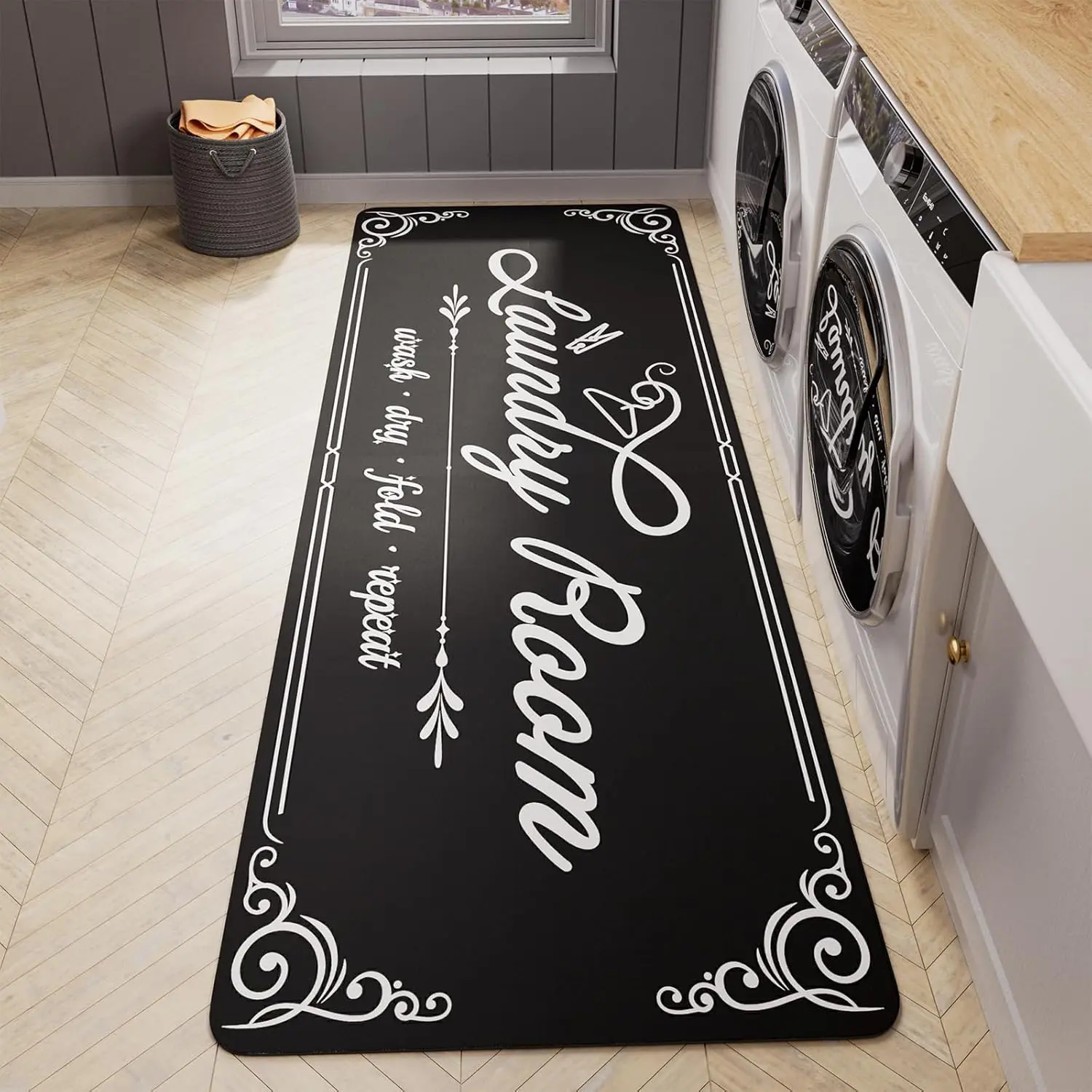 Non-Slip Laundry Room Rug Runner 17.3"x47.2" Washable Floor Cushioned Rubber Carpet Black Bathroom Hallway Mudroom Kitchen Mat for  Entryway Washroom Decor Accessories