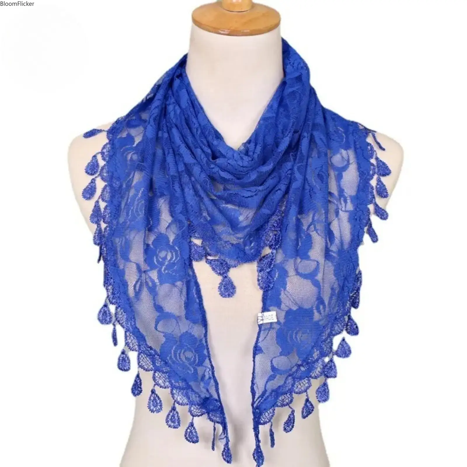 Lace Triangle Scarf for Women, Solid Color Floral Rose Pattern, Sheer Crochet Triangular Shawl with Tassels, Elegant Neck & Head Wrap
