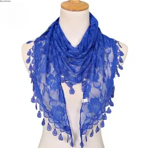 Lace Triangle Scarf for Women, Solid Color Floral Rose Pattern, Sheer Crochet Triangular Shawl with Tassels, Elegant Neck & Head Wrap