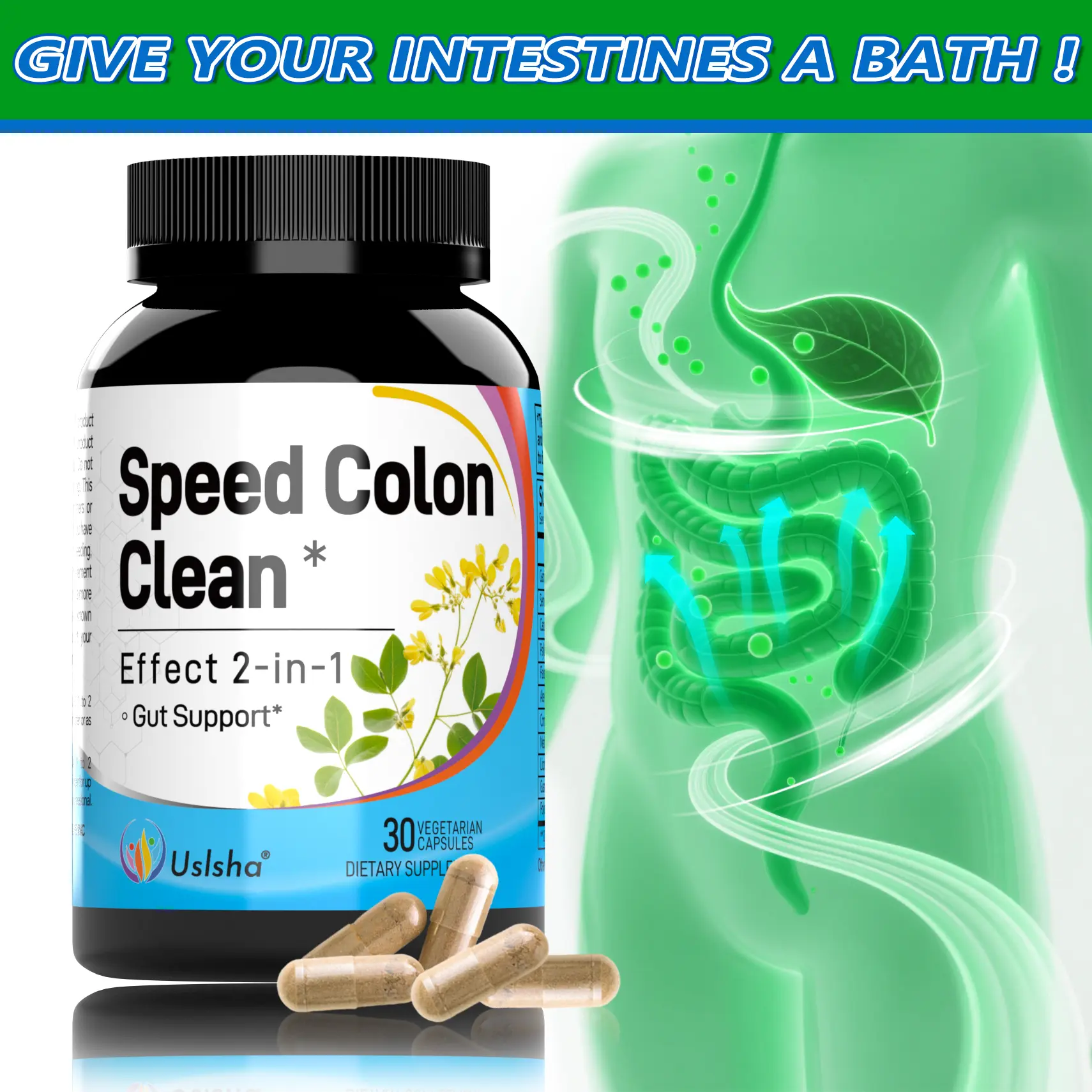 USLSHA Speed Colon Clean Gut Support Supplement,Plant‑Based Digestion Support, 30 Vegetarian Capsules