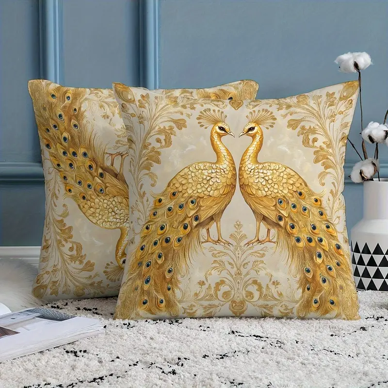 2pcs Luxurious Golden Peacock Pattern Pillowcases, Exuding European Elegance, Adding a Noble Touch to Your Home. Decorative Cushion Covers for Living Room Sofa or Bed, Comfortable and Soft. Suitable for Various Rooms and Occasions. Ideal as a Gift