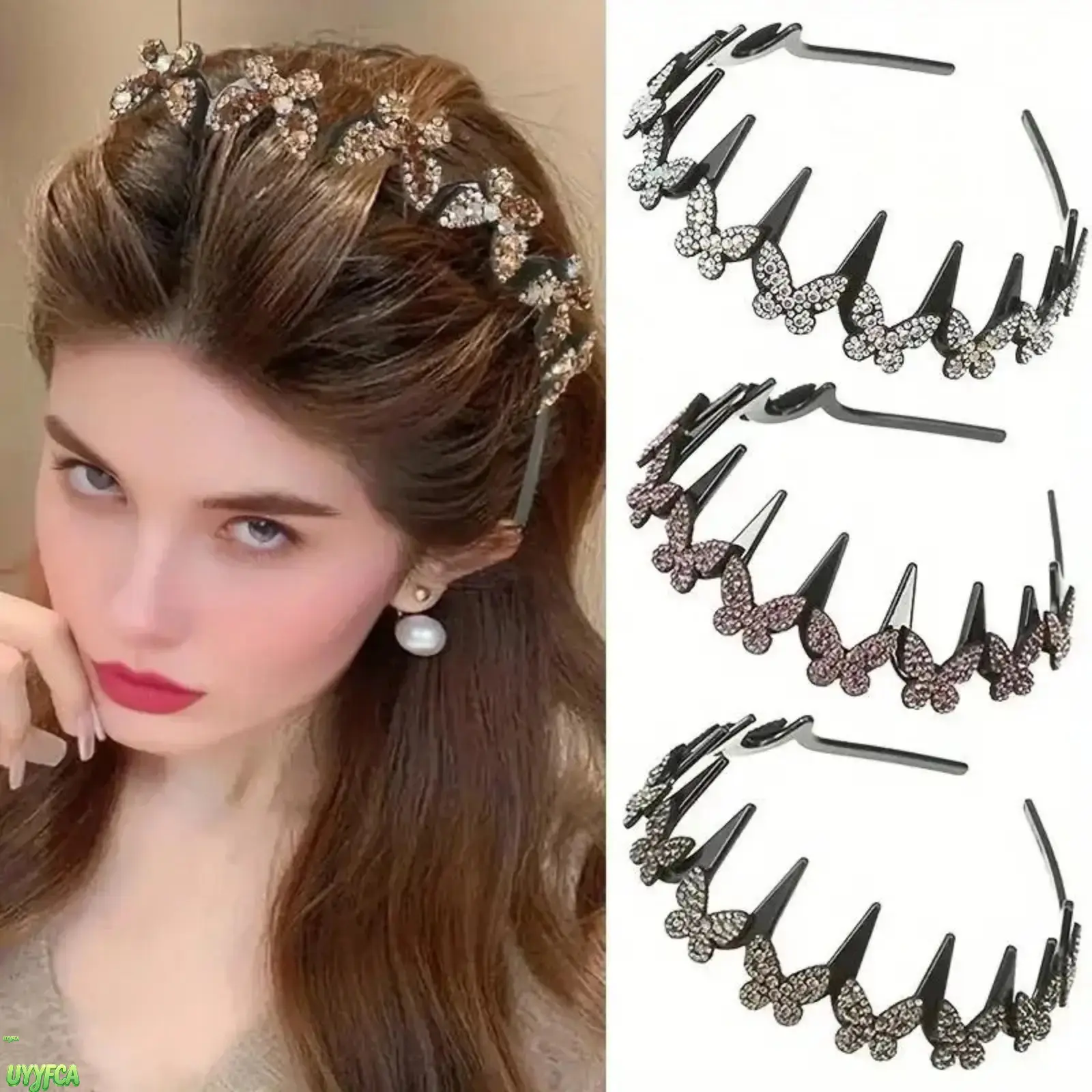 Women's Fashion 4-Piece Assorted Rhinestone Butterfly & Floral Headbands, Sparkly Crystal Non-Slip Hair Hoops with Built-in Grippers for Hair Securing, Wedding, Birthday, Butterfly Four-Piece, Daily