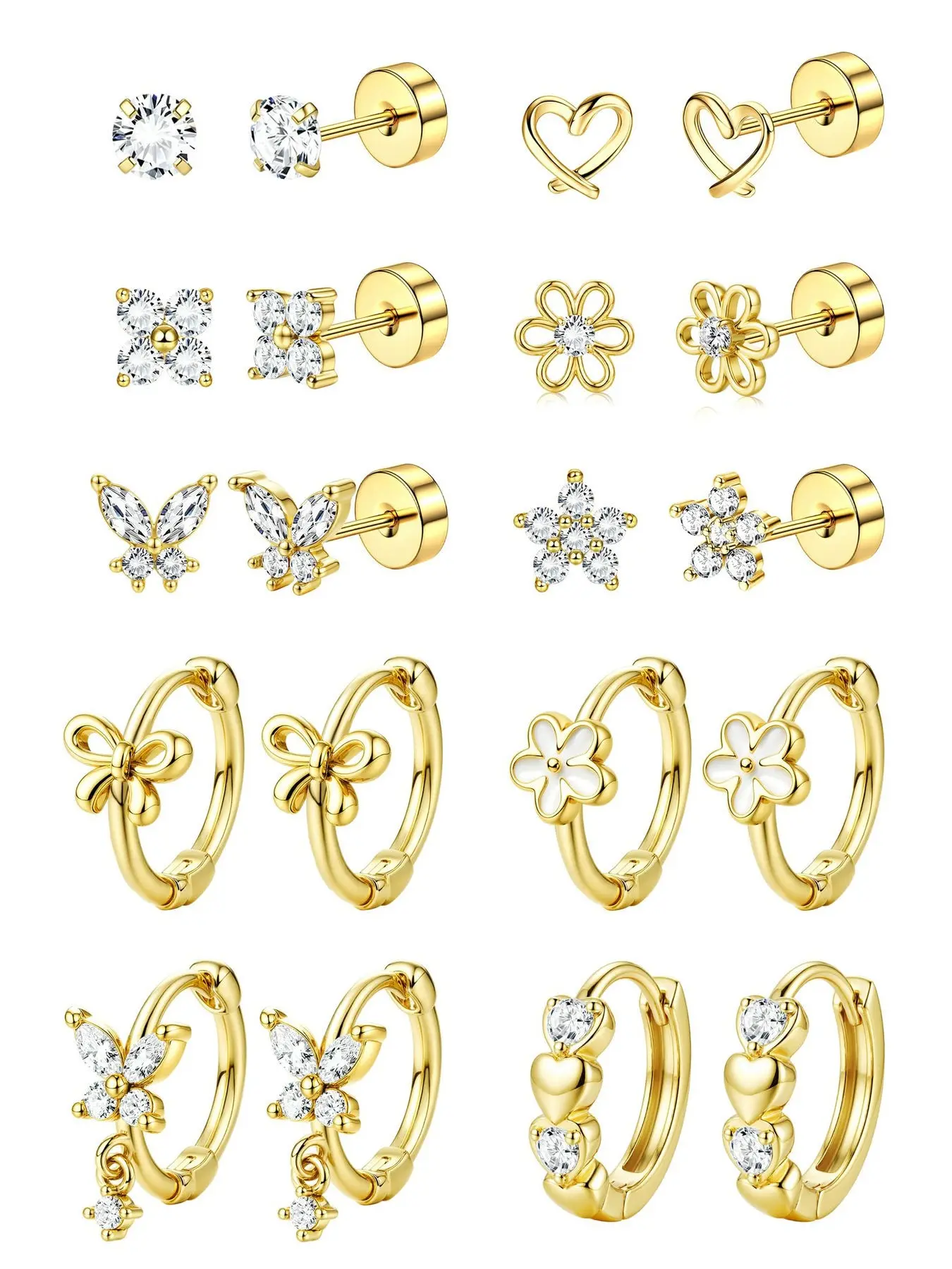 Low Allergy Flat Back Earrings for Girls and Women, Cute Kids Earring Set, Surgical Stainless Steel, 14k Gold Plated, Stackable