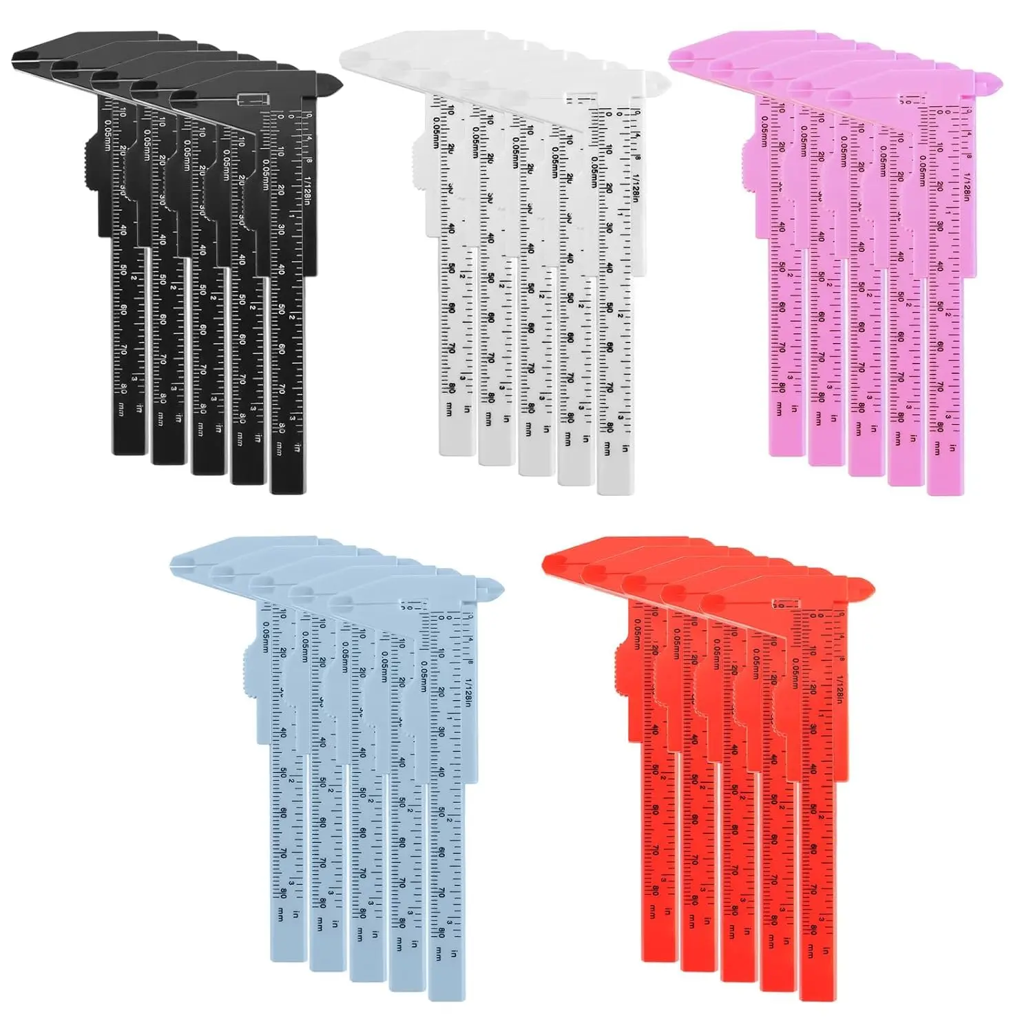 15 count Plastic Vernier Caliper, 80mm/3.15" Eyebrow Measuring Tool, Mini Sliding Ruler Caliper Gauge for Students DIY Crafts School Office  Eyebrow Artists Use (5 Color, 0-3.15"/0-80mm)