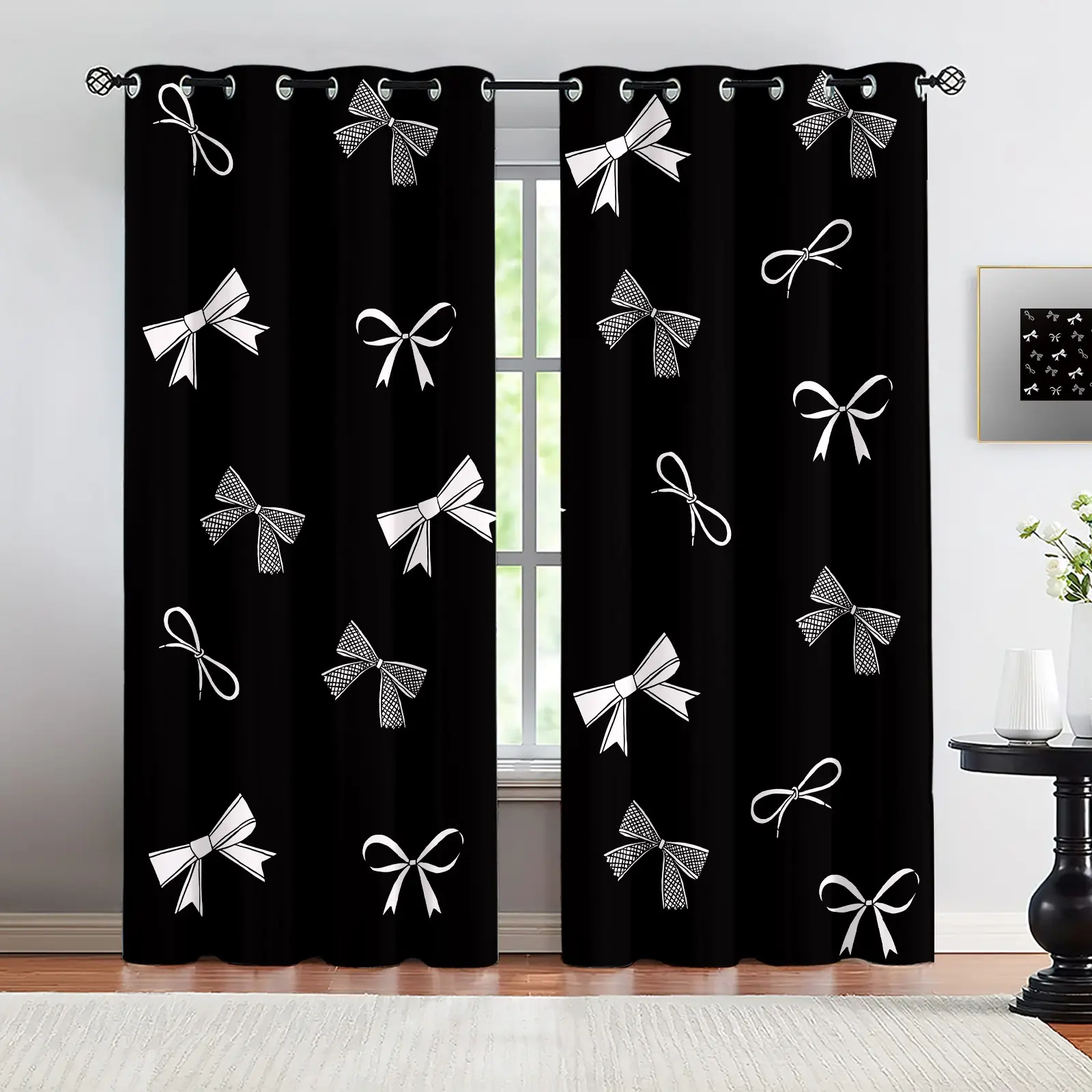 Black and White Bow Curtains 2 Panels, Coquette Aesthetic Darkening Curtains, Grommet Window Decoration Curtains Light Blocking for Teen Girls Bedroom Dorm Living Room Decor, Home Decoration Curtain