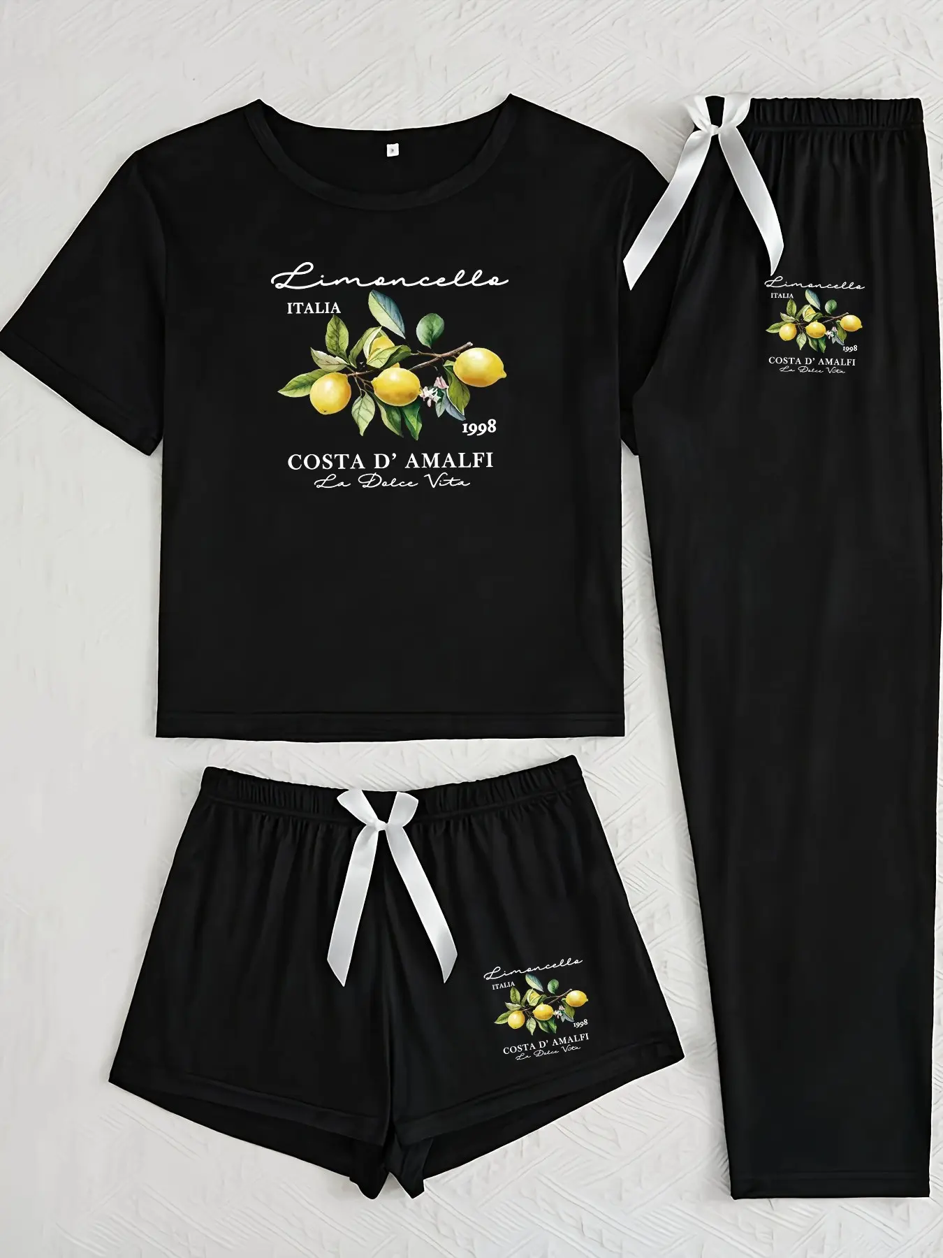 Three-Piece Pajama Set Loungewear for Women, Letter Lemon Print, Casual Loose-Fitting, Floral Pattern, All Seasons, Unlined, Comfortable Sleepwear