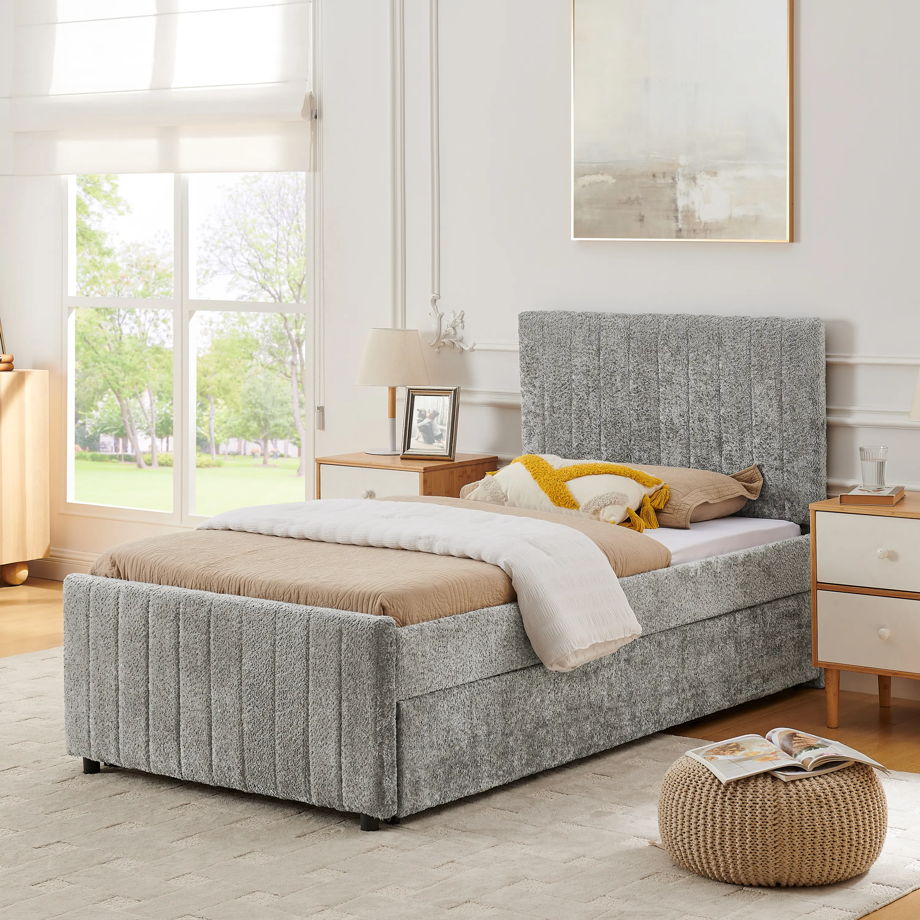 ARCH Twin Size Vertical Striped Chenille Upholstered Pull-Out Bed with High Padded Back, Hidden Trundle, Space-Saving Design, Converts Single to Double for Bedroom Guest Room, Indoor Bed Frame Furniture
