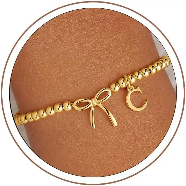 Bow Initial Bracelets for Woen Girls, Letter A-Z Beaded Bracelet | 14K  Plated, Bow Bracelets for Girls,  Bracelet, Beaded Initial Bracelet, Birthday  for Teen Girl