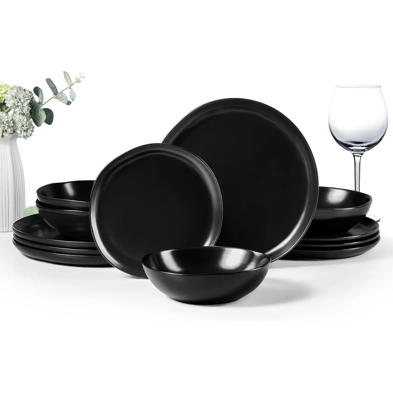 12- Stoneware Dinnerware Set for 4, Matte Black | Plates and Bowls Set, Irregular Round Dishes Set, Scratch Resistant Dishware, Microwave &Dishwasher Safe