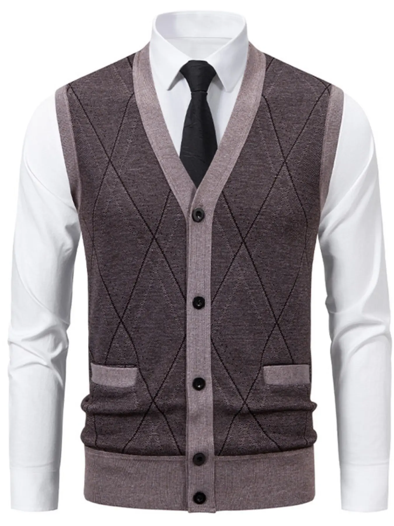 Men's Diamond Argyle Fleece Lined Knit Vest, V Neck Sleeveless Button Front Cardigan Waistcoat With Dual Side Pockets, Thick Warm Soft Thermal Gilet, Business Casual Layering Top For Elderly Men Autumn Winter Daily & Formal Wear