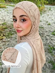 Fashion Apricot Marble Single-Sided Printed Cotton Linen Hijab Scarf, Elegant Breathable Beach Long Shawl, Muslim Daily Wear Turban