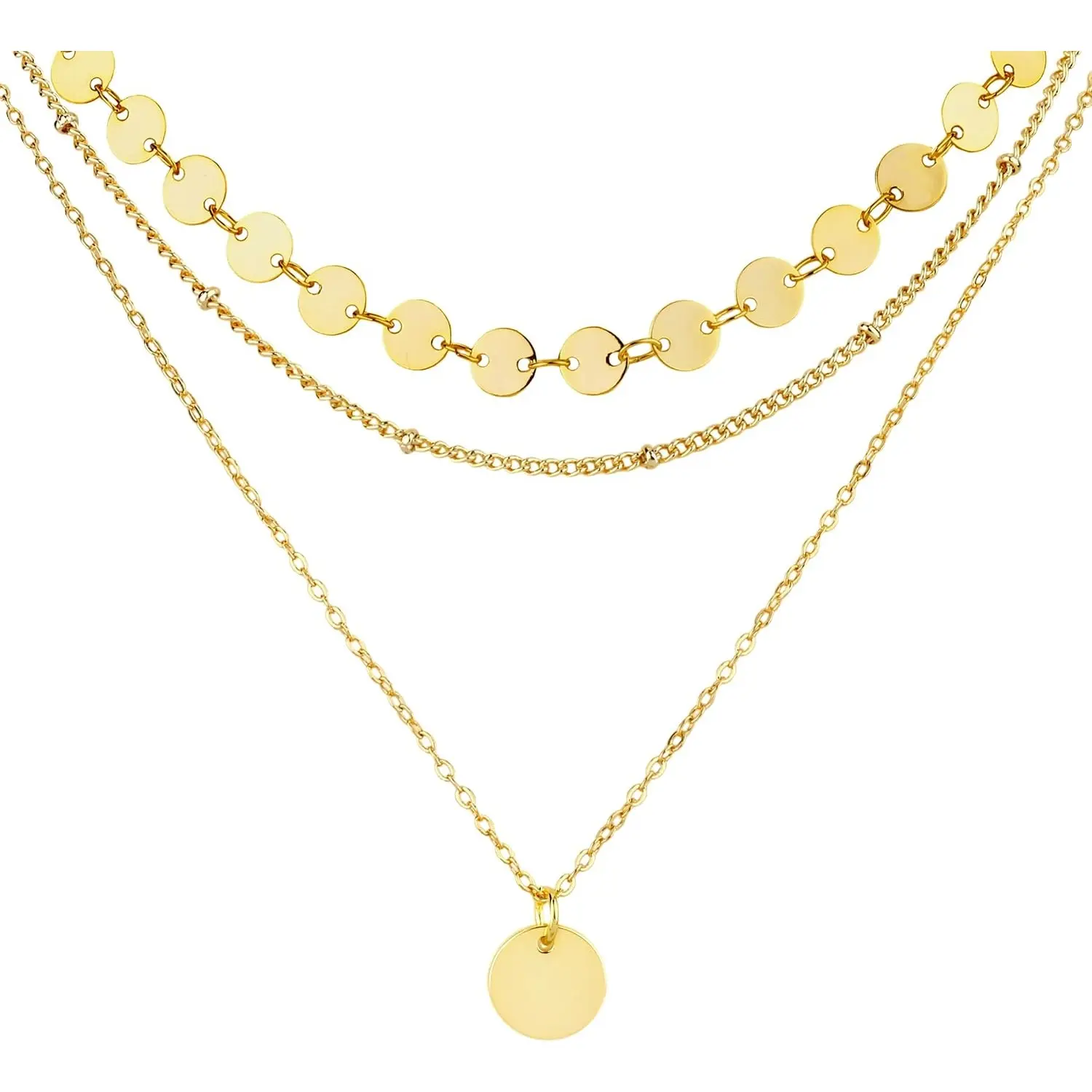 ORAZIO 3 Pcs Women's Necklaces Gold Rose Gold Silver Layering Choker for Ladies Waterproof Long Necklaces with Pendant Round Double Chain Multi-Strand Necklaces Women's Jewelry