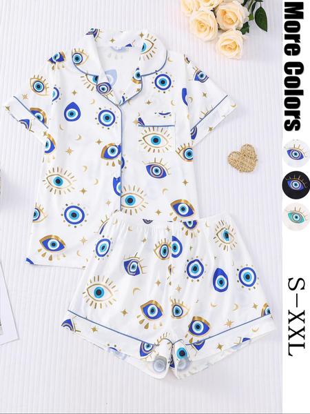 Women's All Over Cartoon Eye Print Short Sleeve Pajama Two-piece Set, Casual Comfy Button Front Chest Pocket Design Lapel Neck Top & Elastic Waist Shorts PJ Set, Ladies Sleepwear for All Seasons, Pajamas, Starlight Pajama Set