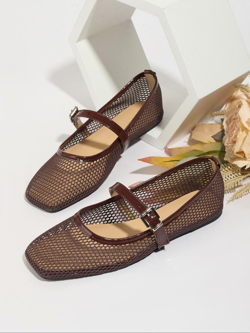 Women's Fashionable Solid Color Hollow Out Design Mary Jane Shoes, Casual Comfortable Square Toe Flat Shoes for Summer, Lightweight Breathable Shoes for Daily Wear, Girl, Casual Flats