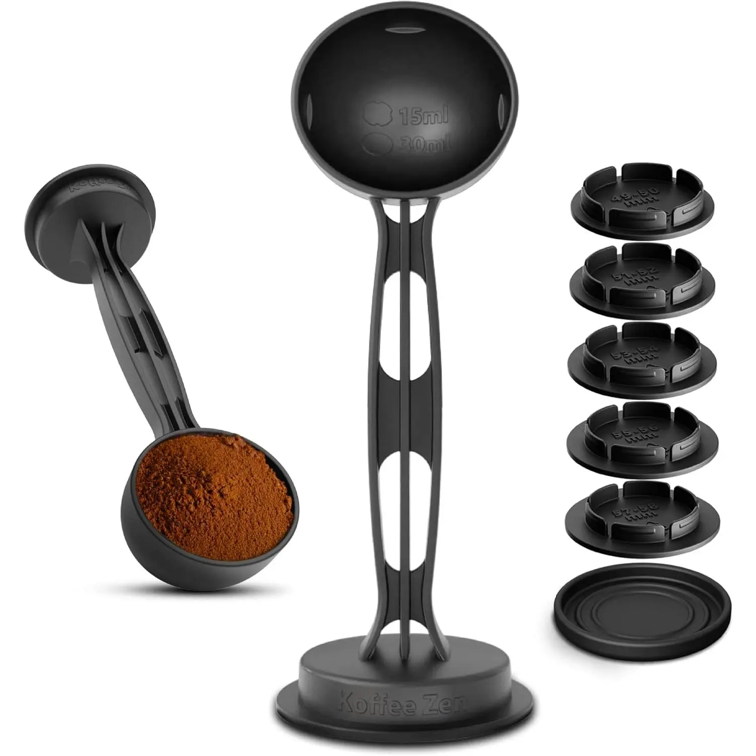 Koffee Zen  Espresso Tamper Kit – 5 Sizes Included (49-58mm Portafilter), -In Coffee Scoop & Drip Tray, Works with DeLonghi, , Gaggia, Mr. Coffee, Dishwasher Safe