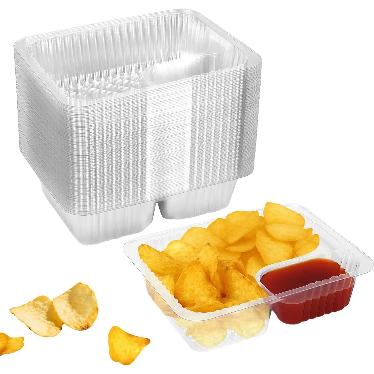 50 count 12oz 6.5''x5'' Plastic Nacho Trays | Disposable Tray for Nachos & Cheese Dip, 2 Compartment Movie Night Snack Trays  for Snacks, Fair Foods