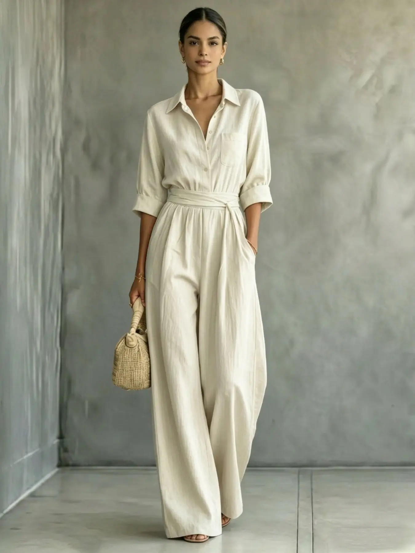 Women's Basic Solid Color Mid Sleeve Shirt Wide Leg Pants Jumpsuit, Spring Fall Fashion Chic Casual Waist Belt Pocket Comfortable