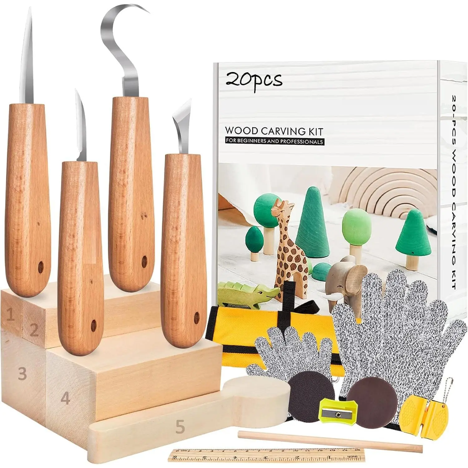 Carving Kit  Whittling Kit for Beginners 20 count  Carving Tools with 4 count Carving , Basswood  Blocks, Gloves, Storage Bag, Frosted Sponge, Gifts Set
