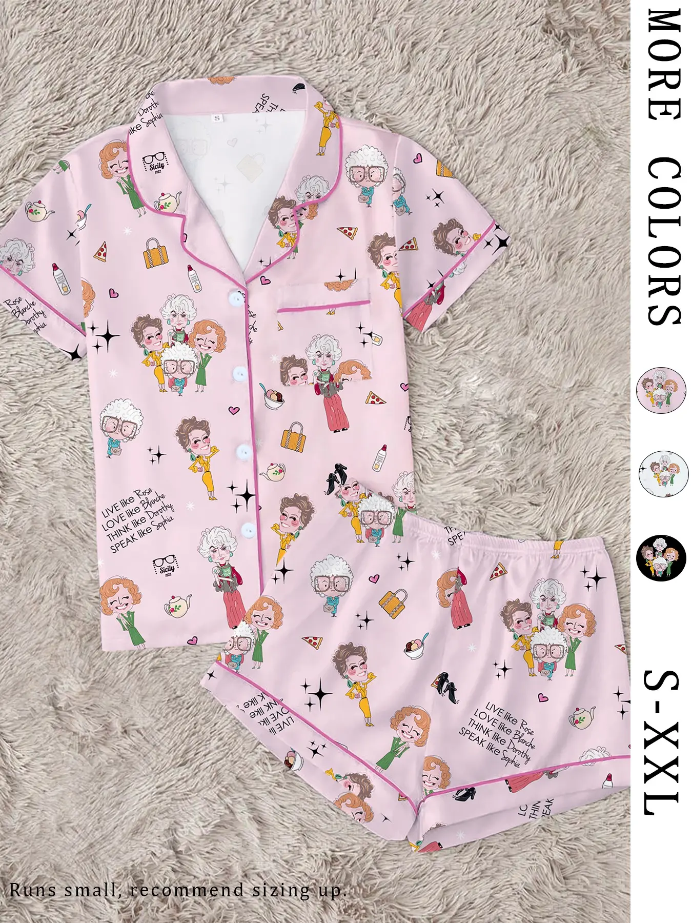 Classic Golden Girls Theme Print Lapel Short Sleeve Shirt & Shorts Fitted Collared Pajama Outfit Set, Casual Pajamas Set, Polyester Loungewear Set, Casual Chic Style Comfortable Lightweight Loungewear Nightwear for All Seasons, Ideal Party Gift Pjs