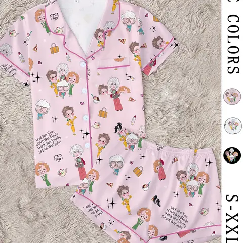 Classic Golden Girls Theme Print Lapel Short Sleeve Shirt & Shorts Fitted Collared Set, Casual Pajamas Set, Polyester Loungewear Set, Casual Chic Style Comfortable Lightweight Loungewear Nightwear for All Seasons, Ideal Party Gift Pjs, Pajama Sets