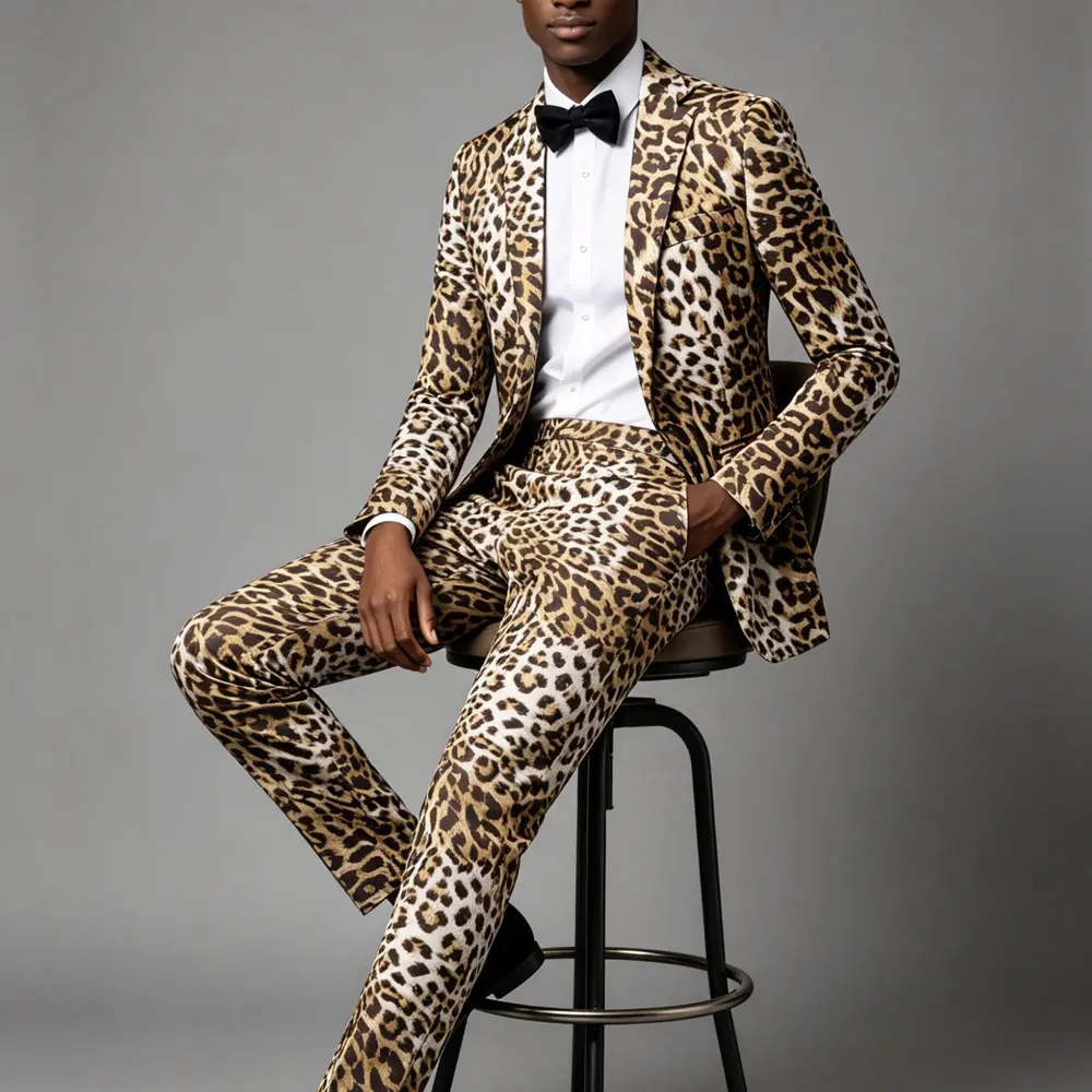 Men's  Digital Leopard Print Slim Fit 2-Piece Suit Blazer Pants, Fashion Outfit for Party, Wedding, Show, Nightclub & Portrait Shooting