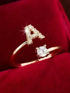 Diamond-Encrusted A-Z Initial Ring, Heart Letter Open Ring Jewelry, Silver Color & Options, Adjustable Stackable Ring for Women