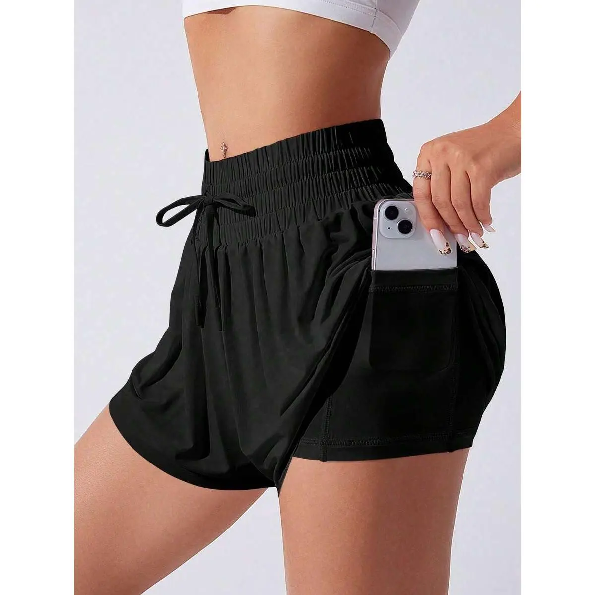 Women's Solid Yoga Shorts, Skinny Mid-Waist Sports Bottoms in High Stretch Fabric with Drawstring and Pockets running, Fit, Mini Shorts, Knot, Polyester Blend, Yoga Studio, Mini Length, 1 Piece Set, 15.0% Elastane, 85.0% Polyester