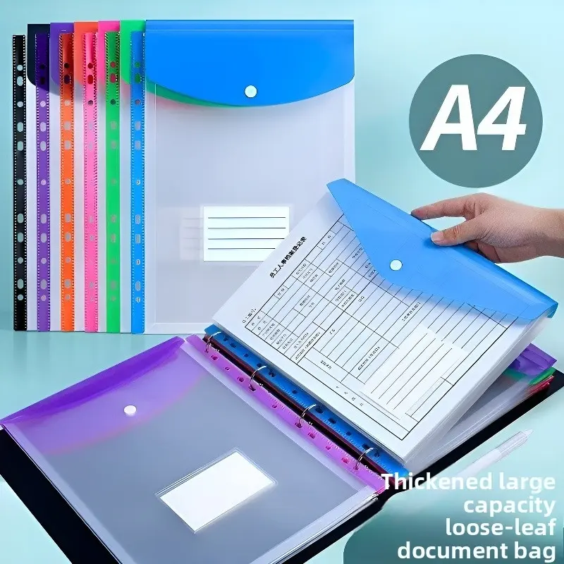 A4 Punched Pockets 6/12/24Pcs Plastic Wallets for A4 Binders Snap Closure Document Folders Assorted Colors Label Design
