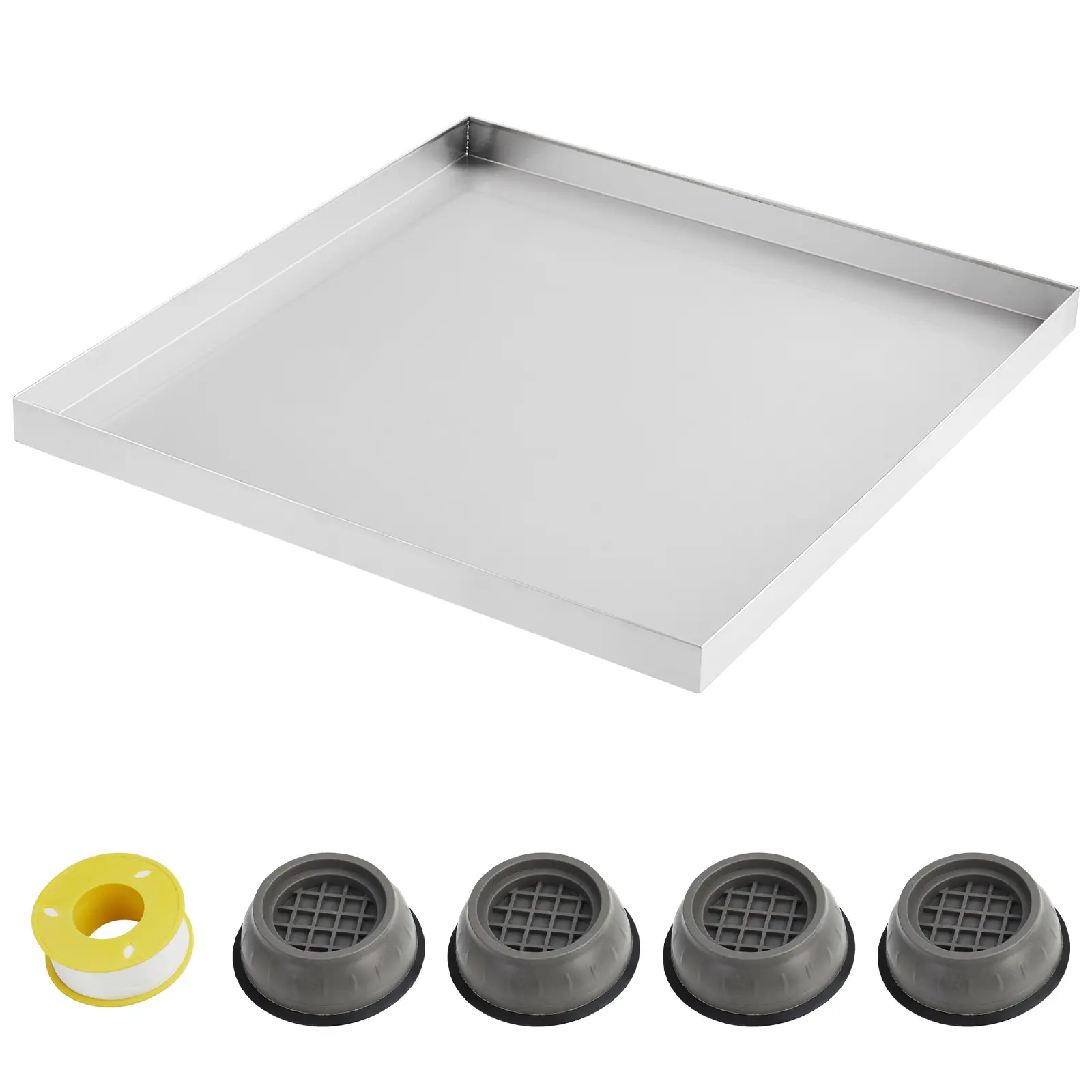 304 Stainless Steel Washing Machine Pan, Heavy Duty Washer Tray with 4 Anti-Vibration Feet, No Hole Leakproof Drip Pan