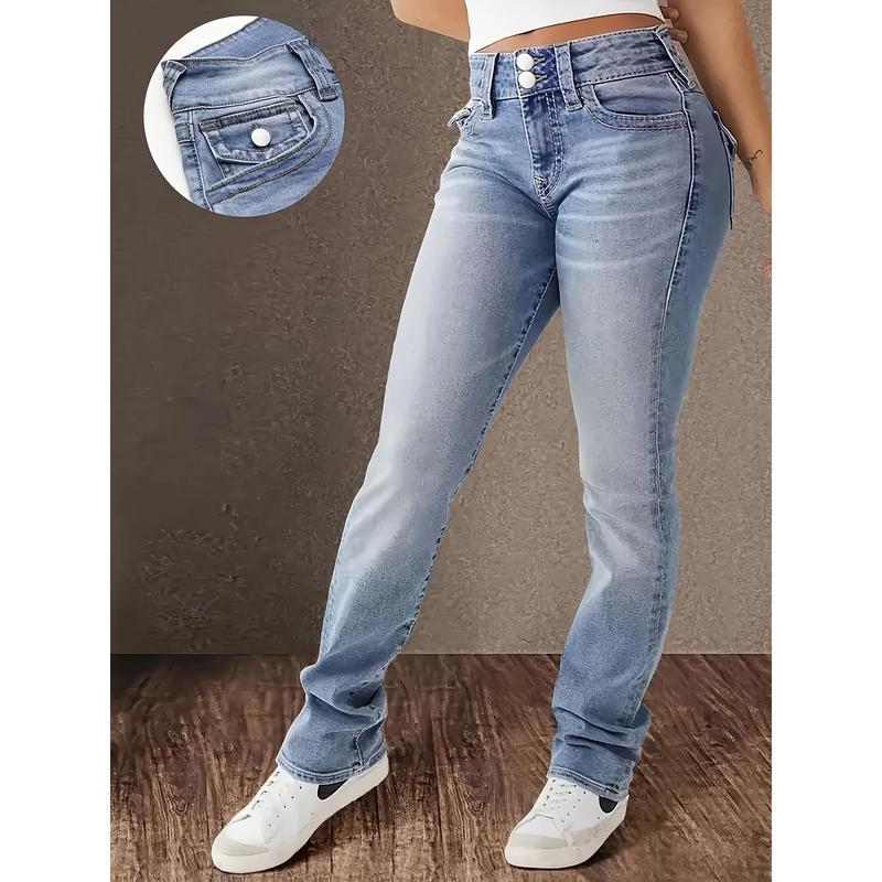 Women's high-waisted stretch jeans-elegant straight design, spandex and polyester blend material, mid-waisted, slant pockets, machine washable, all-match daily for all seasons