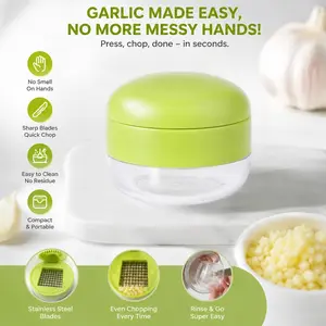 Mini Garlic Mincer Chopper Press – Manual Hand Press, Ultra Sharp Stainless Steel Blade, See-Through Storage Container, Multi-Function Garlic Crusher, Must-Have Kitchen Tool
