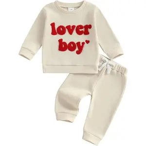 Toddler Baby Boy Valentines Outfit Lover Boy Embroidery Long Sleeve Waffle Knit Sweatshirt and Pants Set New model