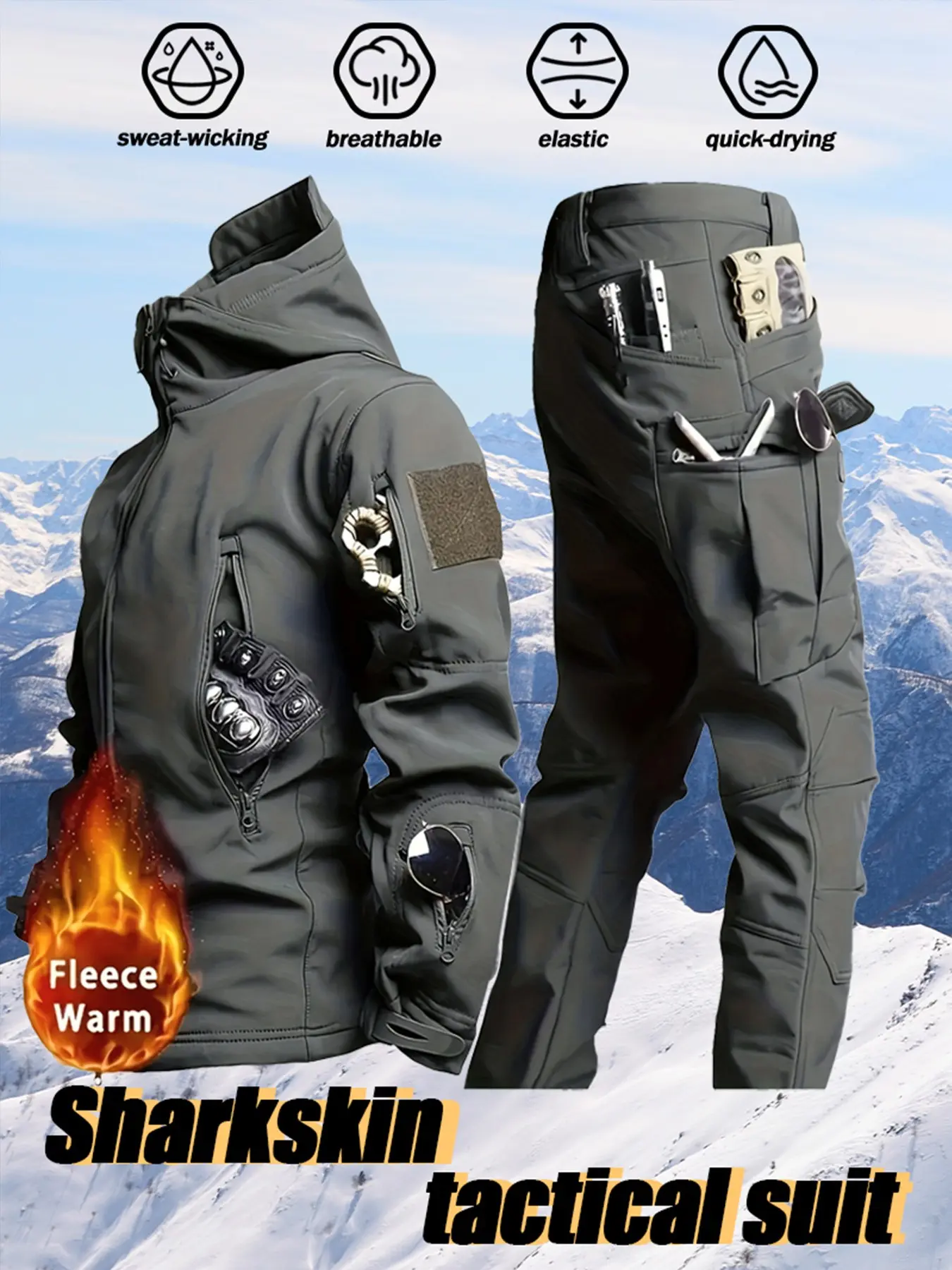 Men’s Tactical Winter Jacket and Fleece-Lined Work Trousers Set – Multi-pocket, hard-wearing, tear-resistant fabric, suitable for outdoor camping, cycling, fishing, hiking, mountaineering, hunting and training; winter clothing with reinforced stitching